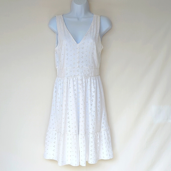 LOFT | White Eyelet Flounce Double V Dress, - Picture 5 of 15